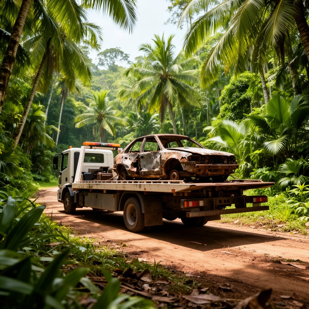 Tow truck loading a junk car at the edge of a jungle road